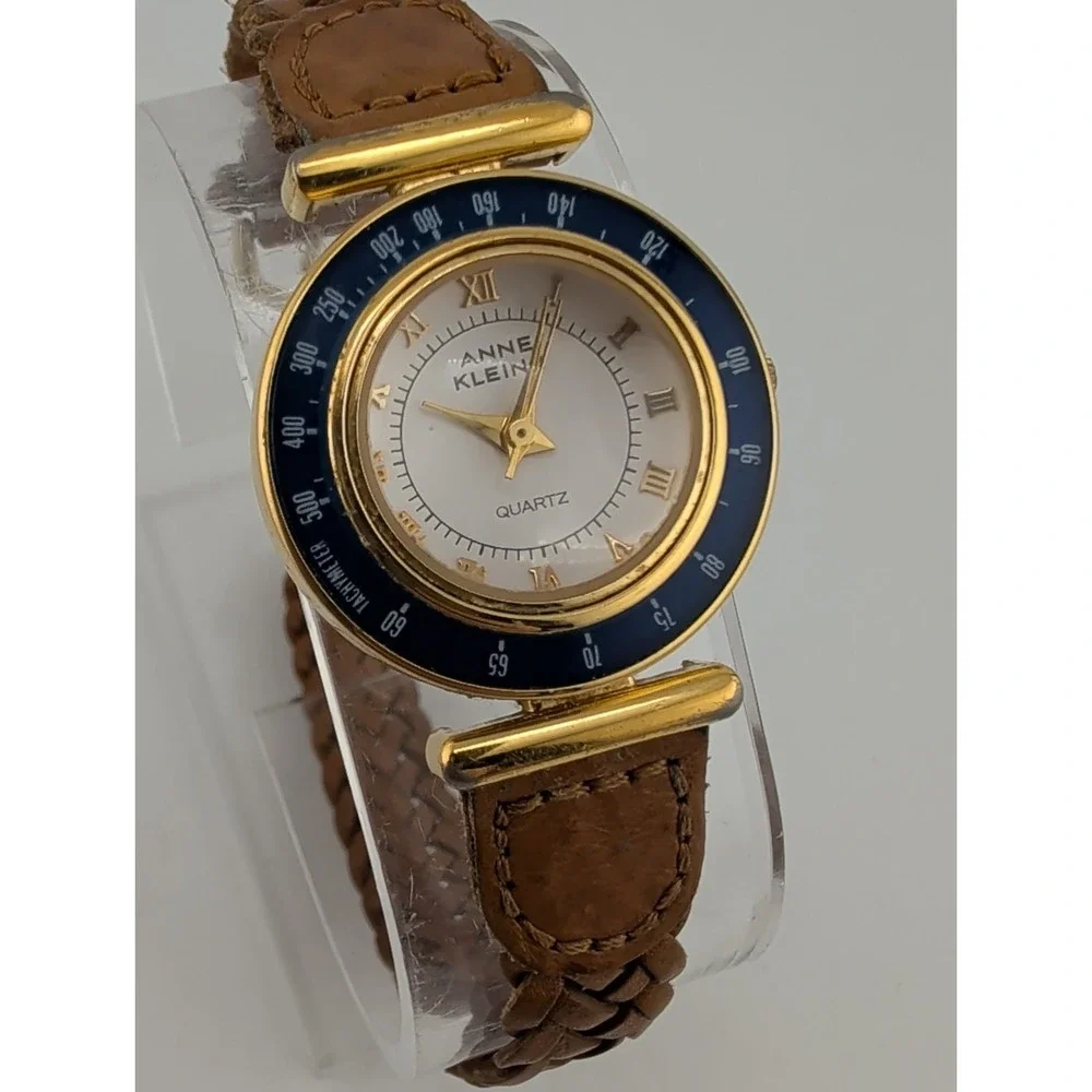 Anne Klein II Watch Women 28mm Case Blue Bezel Brown Braided Band- New Battery